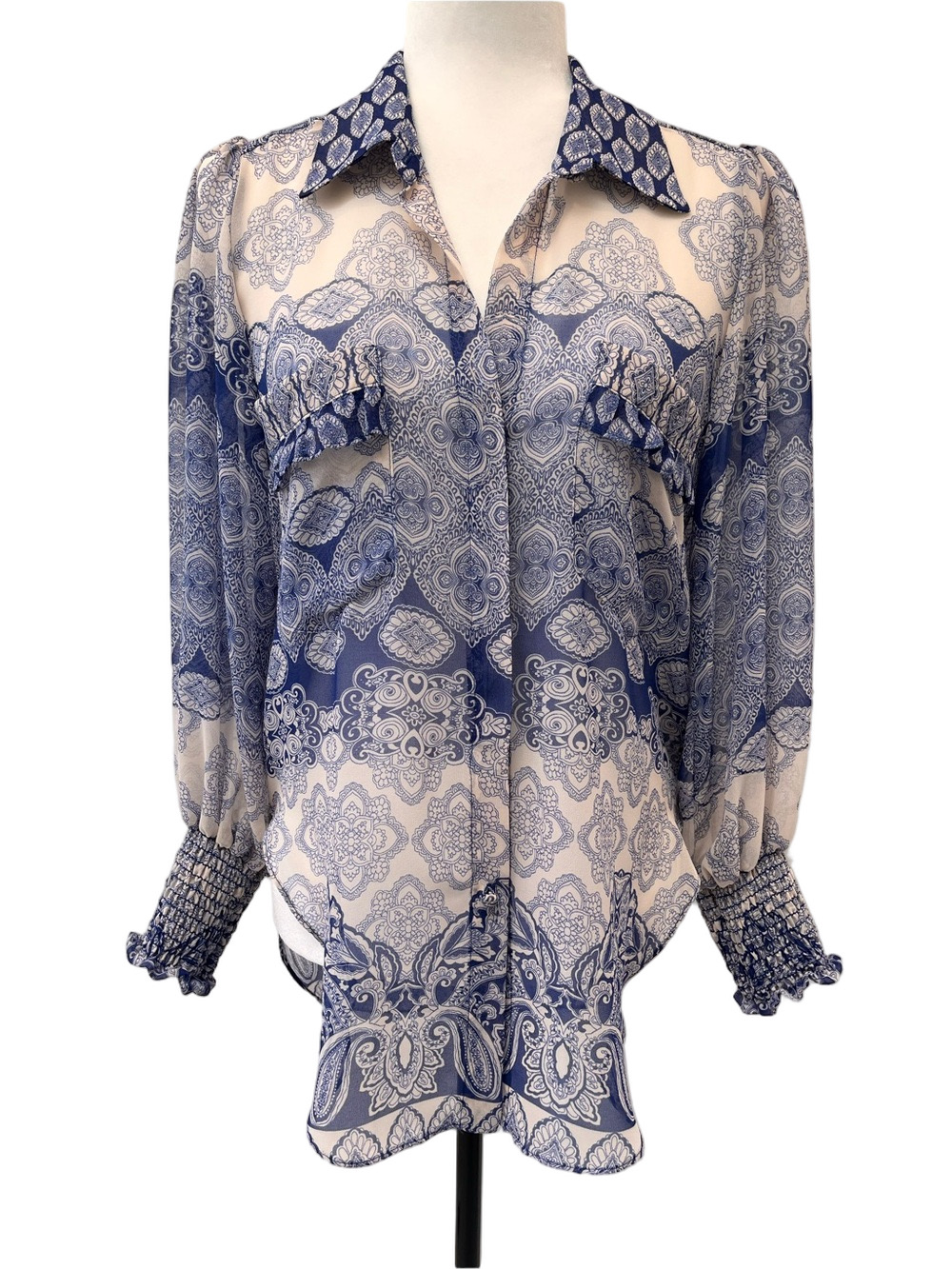 MISA Los Angeles Nora Blue Paisley Button Front Blouse Top XS Revolve Ruffle NWT
